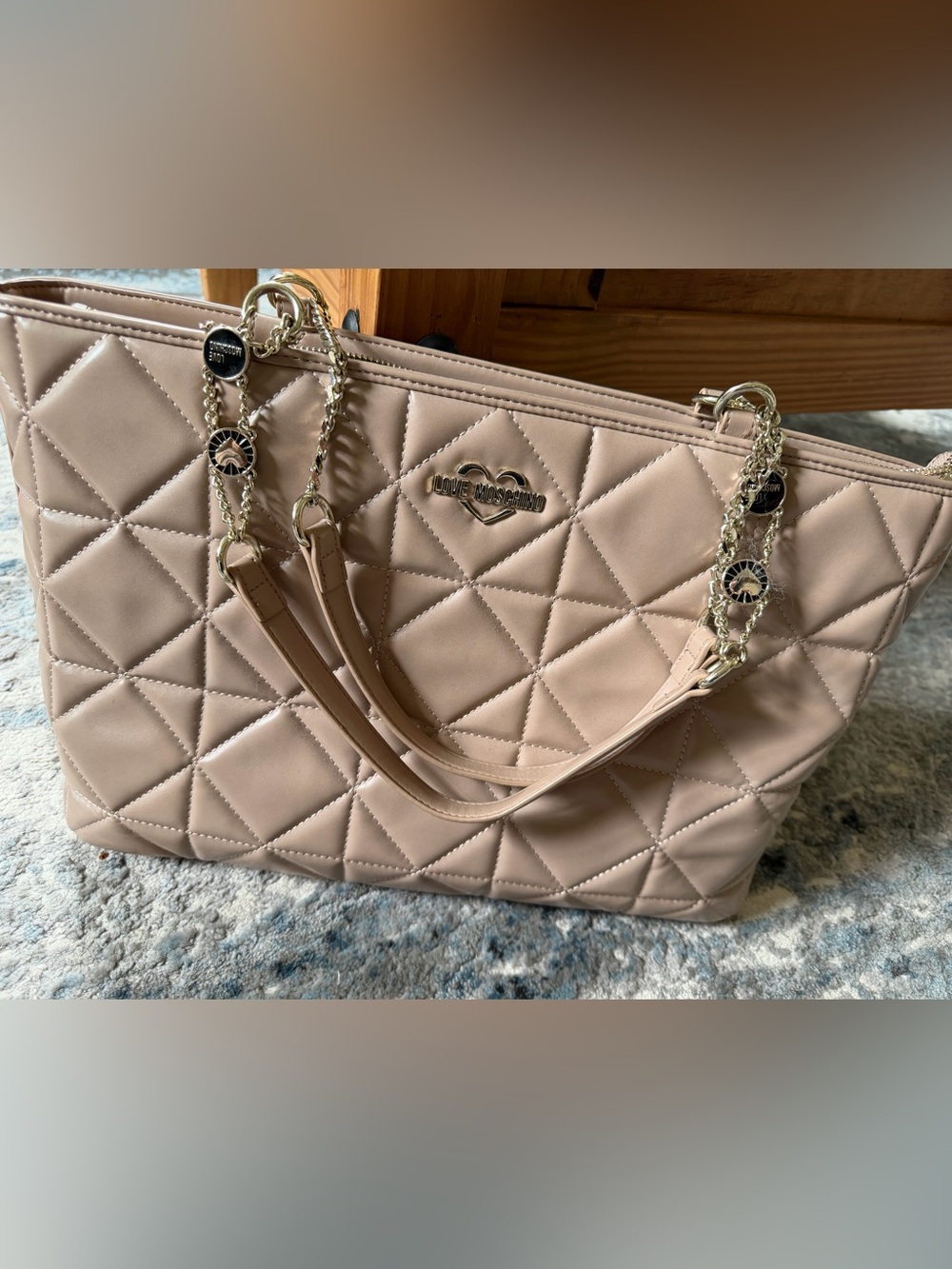 Moschino Quilted Beige (Nude) Shoulder Bag with Gold Chain.